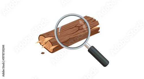 Detailed magnifying glass inspects the rough splintered bark and organic grain patterns of a rustic wooden log segment in a clean bright white space.