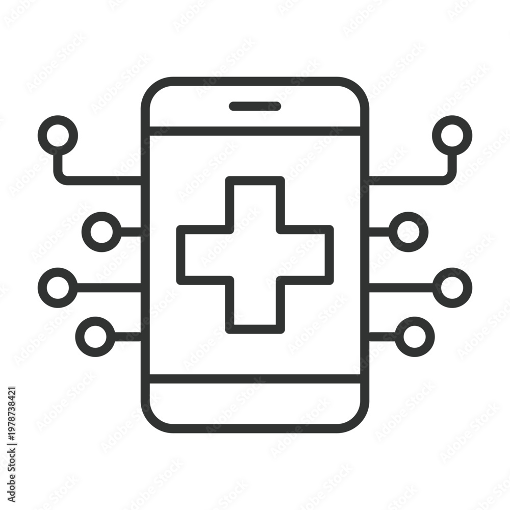 Fototapeta premium Digital healthcare device, icon in line design. digital healthcare, mobile health, connectivity, medical cross on white background vector. digital healthcare device editable stroke icon