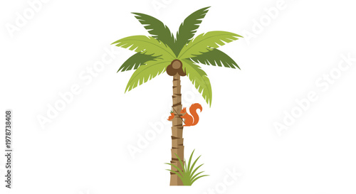 Agile red squirrel climbs the textured brown trunk of a tall green palm tree while holding a small fruit in a bright and airy minimalist atmosphere.