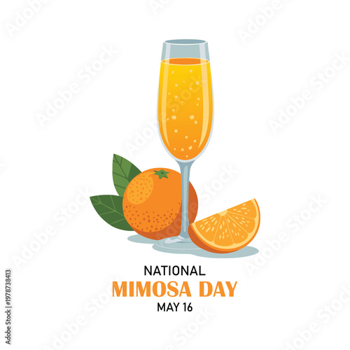National Mimosa Day vector illustration. Mimosa cocktail with oranges icon set vector. Champagne flute with orange juice drawing. May 16 every year. Important day