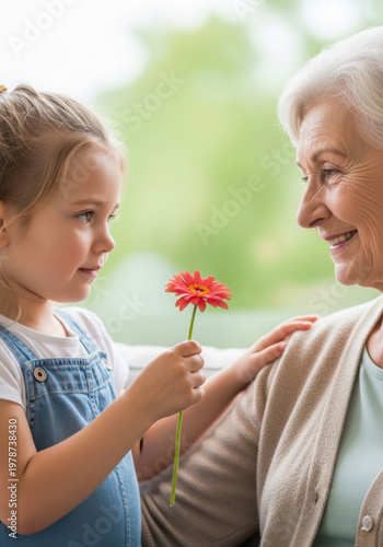 Young girl presenting flower to grandmother, smiling indoors with greenery  