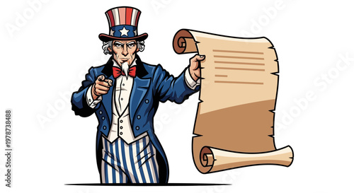 Uncle Sam Points and Holds Scroll, Ready to Recruit and Declare