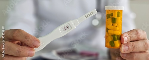 Gynecologist holds positive pregnancy test and medical pills. Pills and drugs that help get pregnant