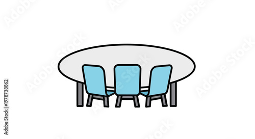 Three blue chairs around table.