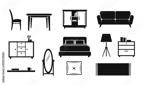 Furniture and home interior design icons set in flat vector style