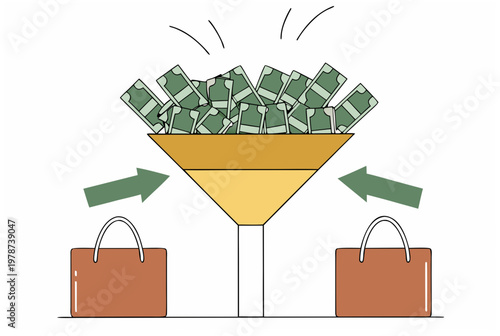 Money and coin flowing through a funnel into a progressing bar graph. Financial growth and smart spending concept. Flat vector illustration for business presentation