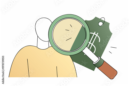 Woman examining price tag with dollar symbol through magnifying glass. Smart spending and conscious budgeting concept. Vector illustration