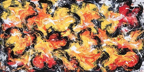 Vibrant Abstract Expressionist Painting with Swirling Reds, Oranges, and Yellows