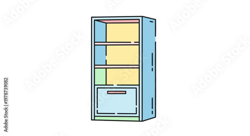 Colorful cabinet with shelves and drawer.