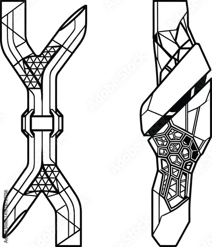 Theoretical black and white line graphic rendering of geometric chromosome structures with intricate comprehensive patterns.