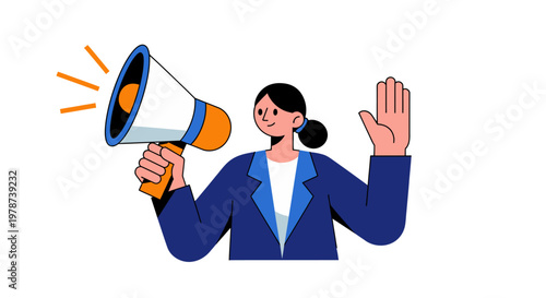 Flat vector illustration of a woman holding a megaphone, female character making a public announcement icon
