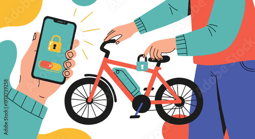 Person using smartphone to lock bicycle with secure padlock