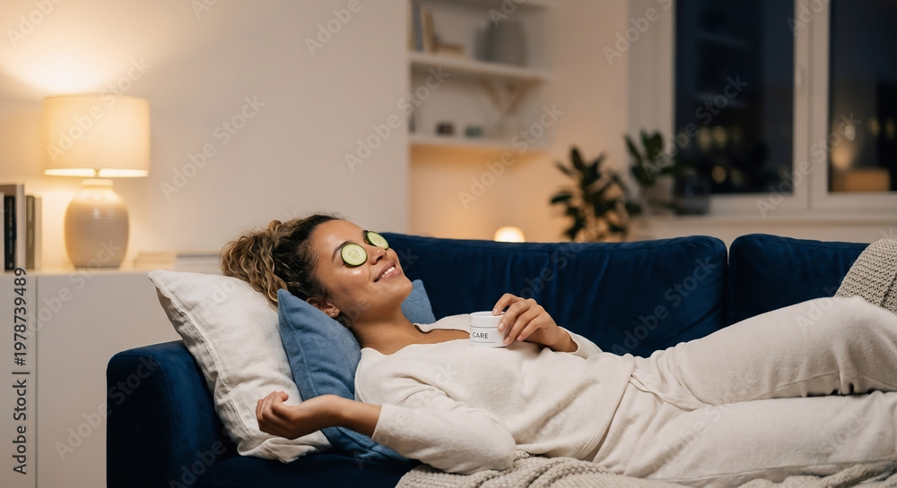 Obraz premium Woman relaxing on couch with cucumber eye mask and skincare cream, cozy nighttime self care routine at home, copy space