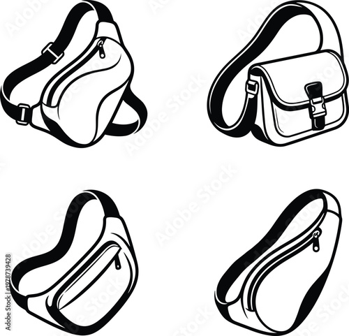 Selection of four various vector sling and messenger bags in minimalist black and white line artwork approach layout.
