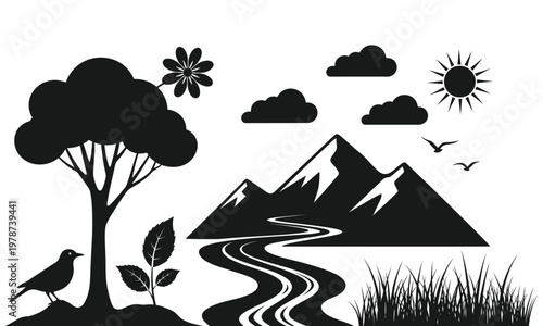 Nature landscape elements with mountains trees sun and bird silhouette