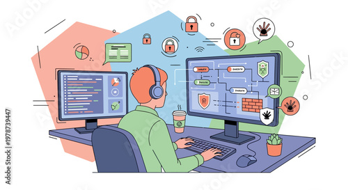 programmer working on code with multiple screens and gadgets