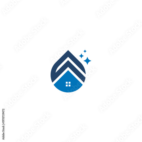 Modern logo design combining a house and water drop concept. Blue tones, three stars, perfect for water damage restoration and cleaning services.