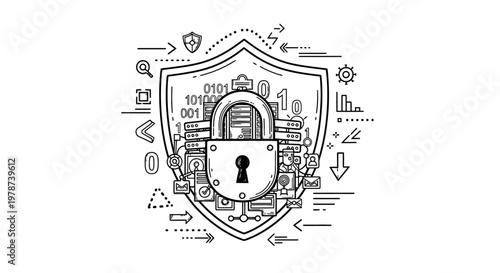 Cybersecurity shield with lock and icons