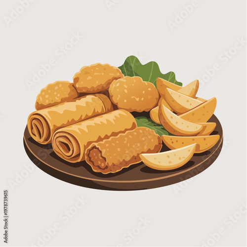 A vibrant illustration of assorted fried foods including spring rolls and nuggets served on a wooden plate with sliced fruits and green leaves.