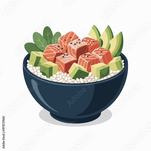 A vibrant bowl of sushi salmon sashimi avocado and rice grains presented in a dark blue dish on a clean surface