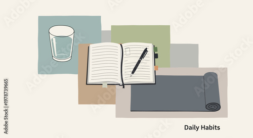 Daily habits illustration with notebook and glass