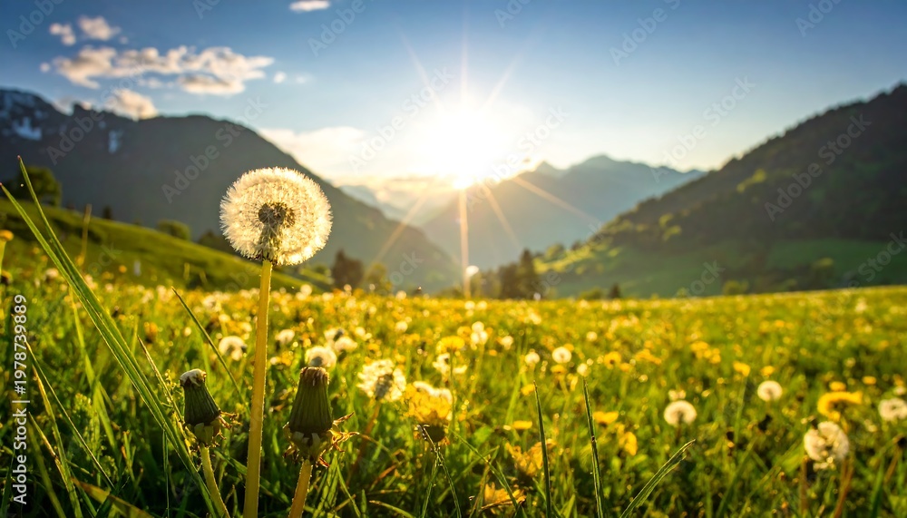 Fototapeta premium Dandelions Serene Embrace - A Mountain Vistas Golden Hour.