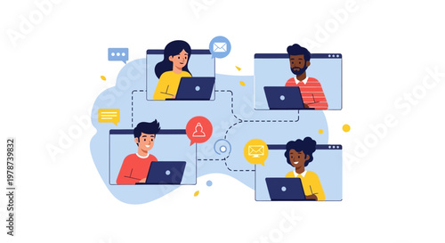 Remote team collaboration with laptops and speech bubbles