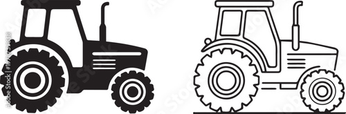Farm tractor icon set with silhouette and outline styles isolated on white background vector illustration for agriculture machinery design