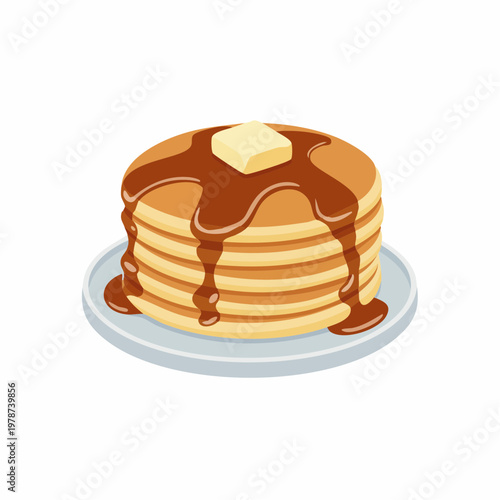 A stack of pancakes with butter and syrup on a plate indoors