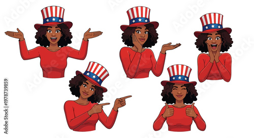 Expressive Black Woman with Uncle Sam Hat Shows Various Gestures and Emotions