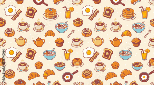 Colorful breakfast food icons pattern.