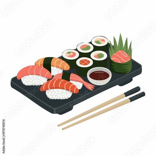 A vibrant sushi platter with assorted sushi rolls and sashimi served with soy sauce and chopsticks on a black tray indoors.