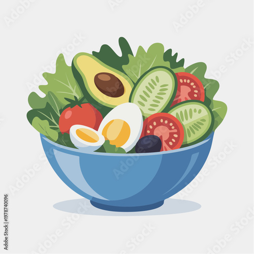 A vibrant illustration of a blue bowl filled with a fresh mix of lettuce, avocado, cucumber, tomatoes, and a boiled egg, showcasing a healthy food arrangement on a clean surface.