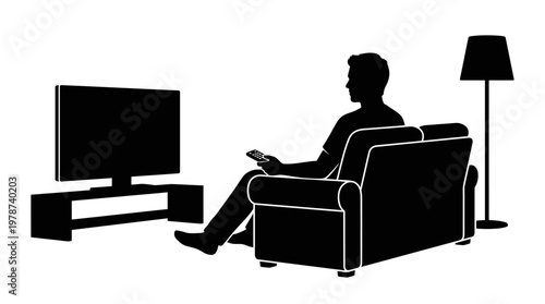 Man Sitting on Sofa Watching Television.
