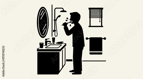 Man brushing teeth in bathroom.