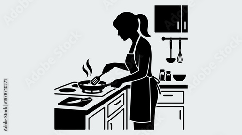 Woman Cooking in Kitchen Silhouette Profile.