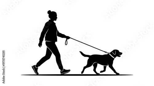 Woman Walking Dog on Leash Silhouette.