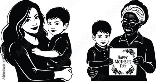 Celebrating mother's day diverse mothers and children in a heartwarming black and white illustration