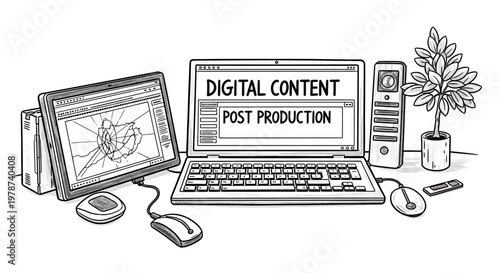 Digital content creation workspace with computer and software