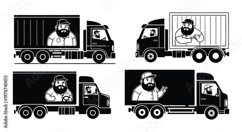 Four black and white illustrations of trucks with bearded men s faces