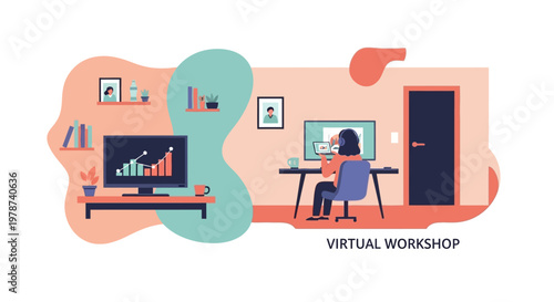 Remote worker in virtual workshop with computer and screen