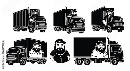 Four black and white illustrations of trucks with bearded men s faces