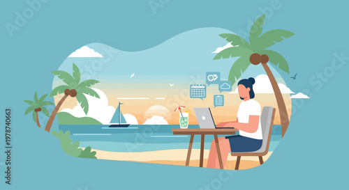 Remote worker on tropical beach with laptop