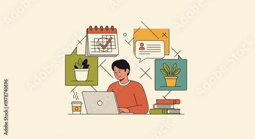 Remote worker with laptop and office supplies