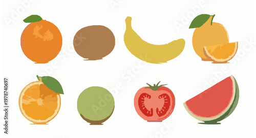 Fresh Mixed Fruits 3D Render – Orange Kiwi Banana Tomato Watermelon Isolated Set