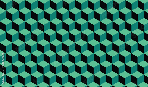 Teal and Black 3D Isometric Cube Pattern, Seamless Geometric Cubes Background, Modern Gradient Cubic Texture, Abstract 3D Grid Vector Illustration 