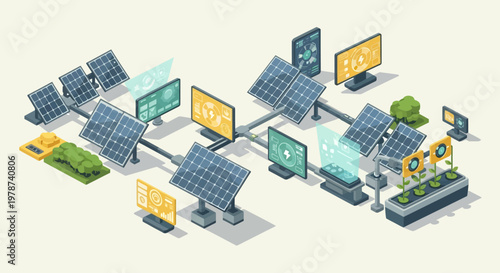 Renewable energy technology concept with solar panels and devices