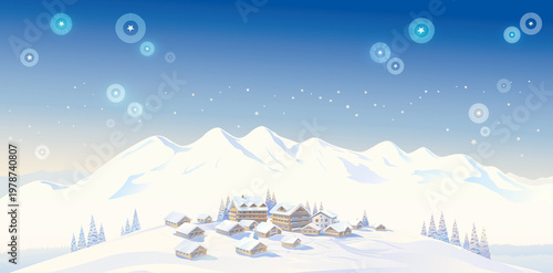 Winter mountain landscape with cozy country houses and a chalet-style hotel complex at a ski resort. Raster illustration.