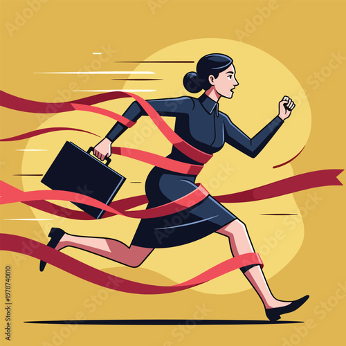 A determined businesswoman runs forward while being held back by red ribbons, symbolizing challenges in her path.