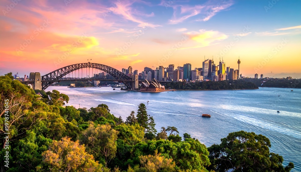 Naklejka premium Sydney Harbour Bridge at Sunset - A Scenic View.